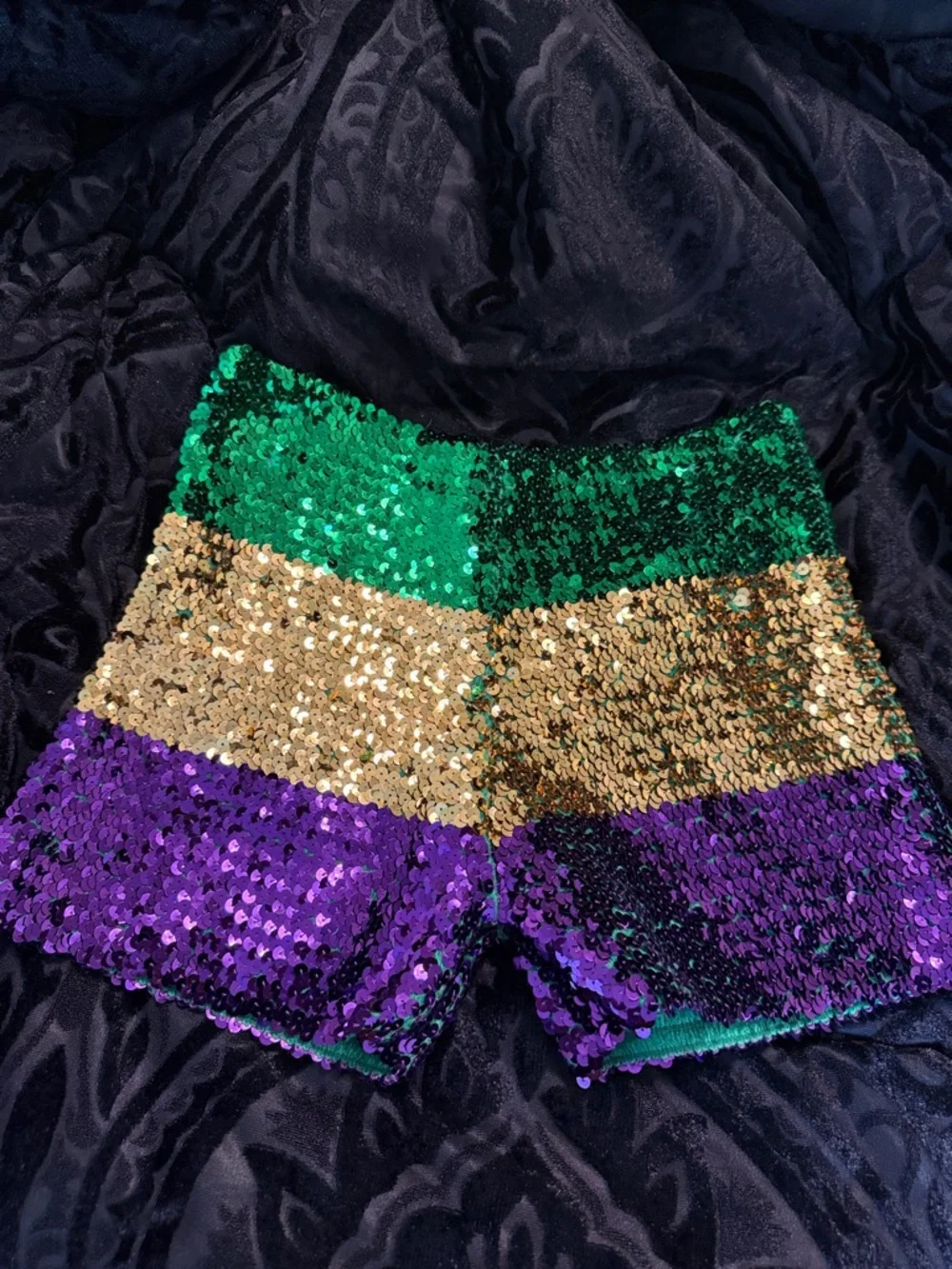 Sequin Mardi Gras Block-Color Women’s Shorts - Green, Gold & Purple - Picture 1 of 3